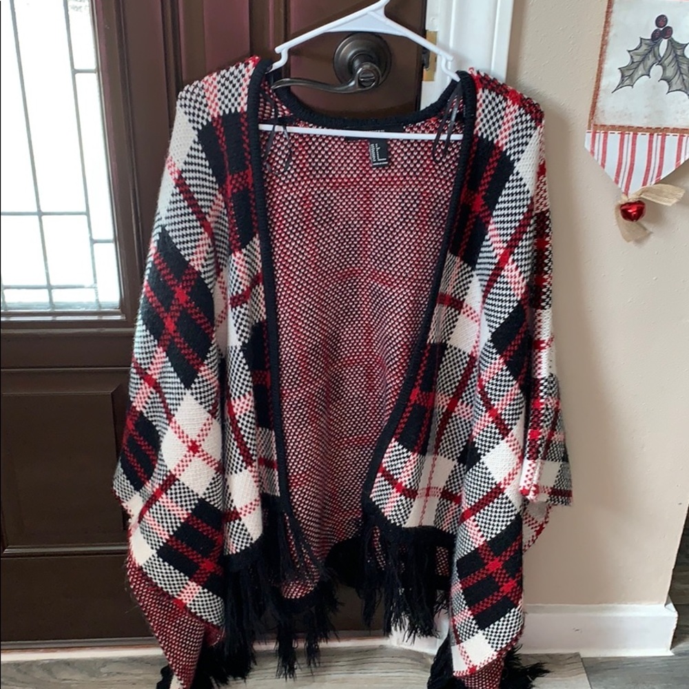 Red, black, cream heavy poncho